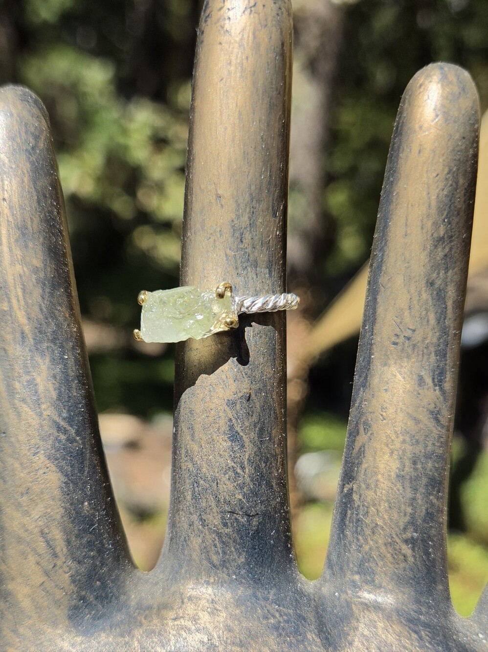 Tourmaline Natural Raw Gemstone Sterling & Gold Ring Sz7 - Picture 5 of 8